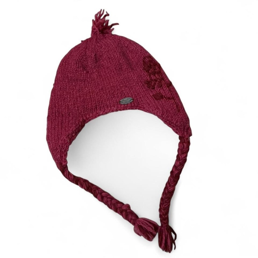 Turtle Fur Women's Wool Knit Trapper Hat Burgundy Tassels Braids Embroidery